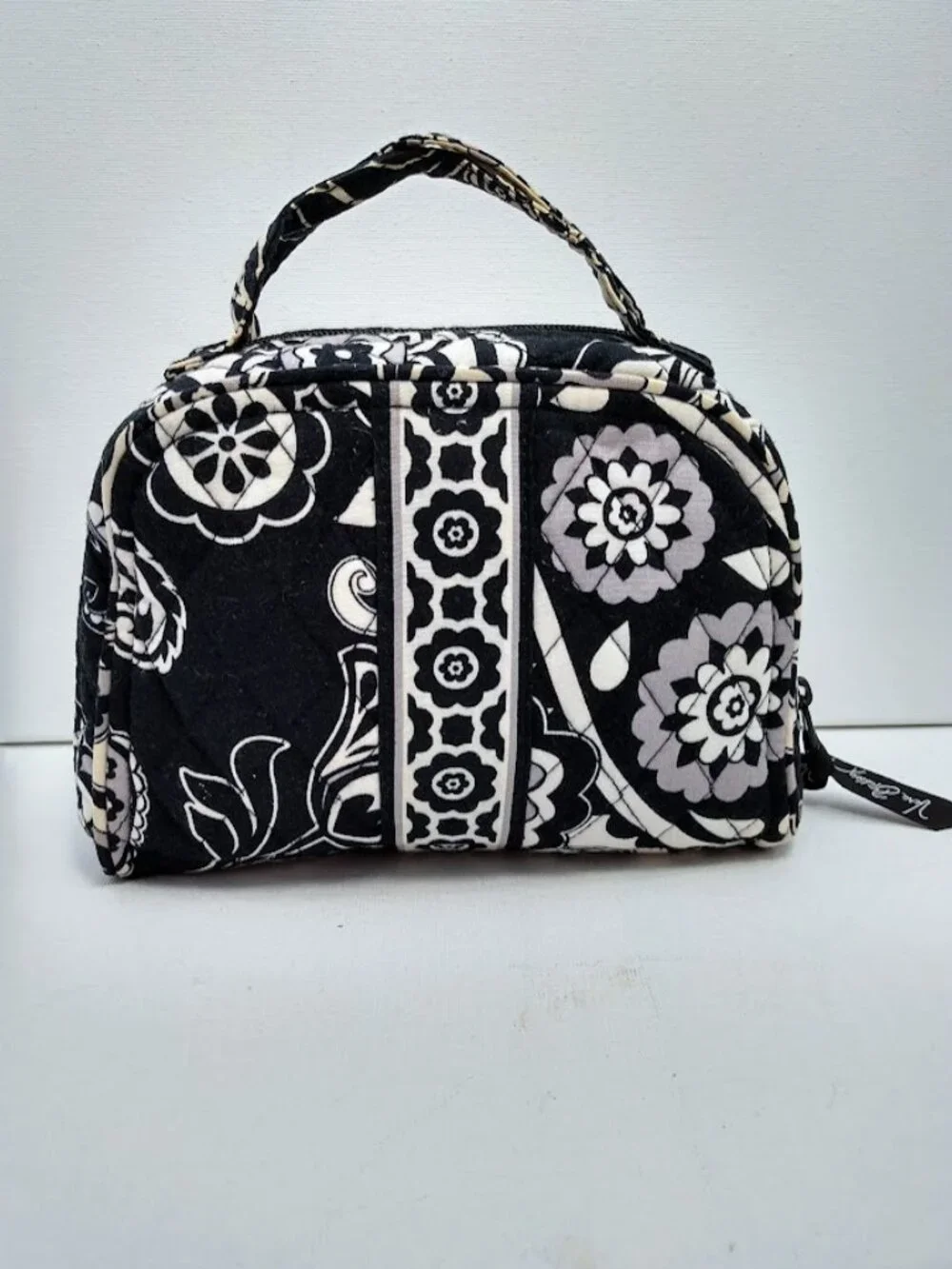 Vera Bradley Jewelry & Cosmetic Travel Bag Black Gray & White Handles FLAWS